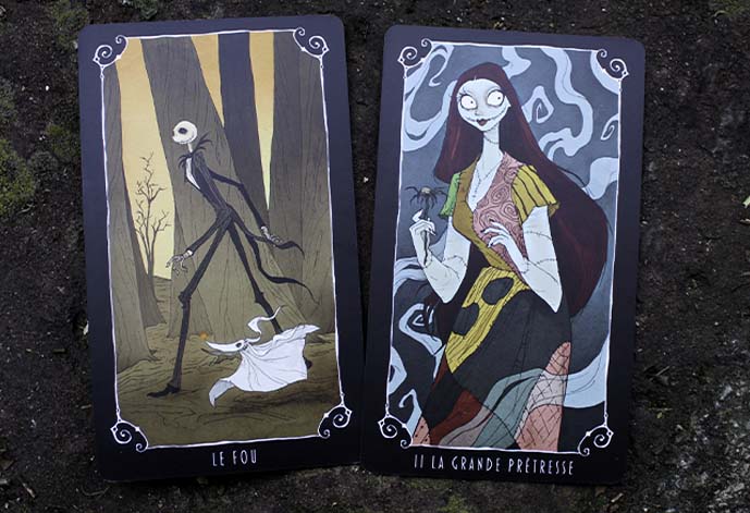 le fou jack skellington et la grande prêtresse Sally du tarot de l'étrange noel de monsieur jack